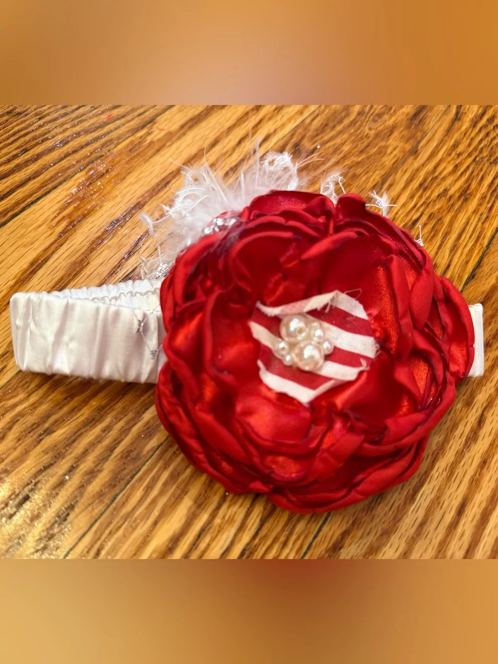 Red Floral Satin Headband for Kids - Decorative Pearl Center